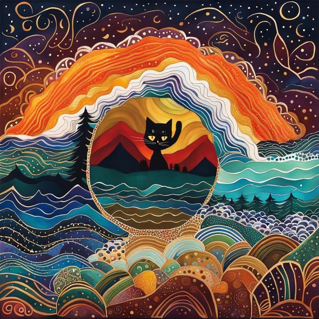 Colorful Cat Doodle Art with Metallic Accents