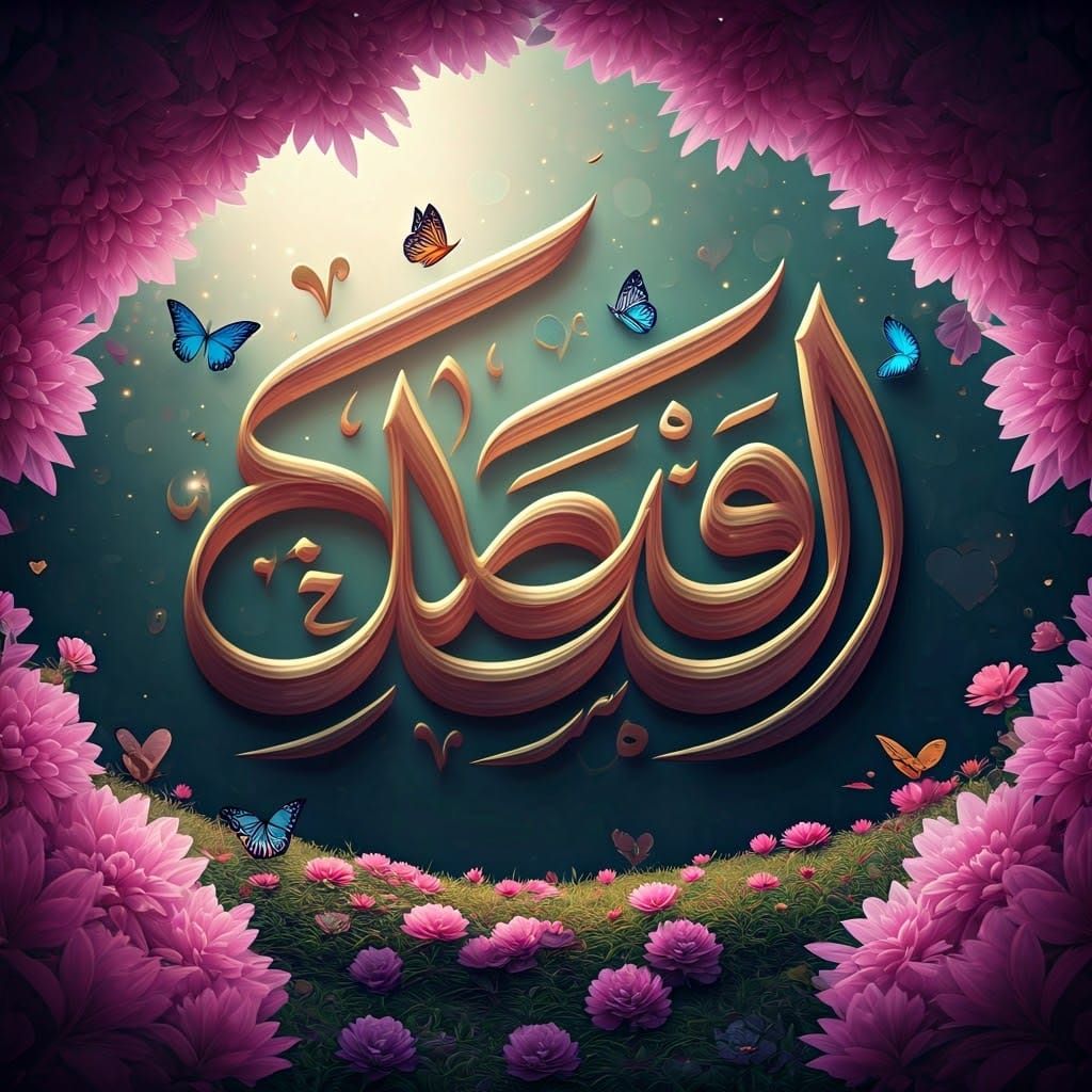 Ornate Calligraphy of Zuwairiya with Garden Scene