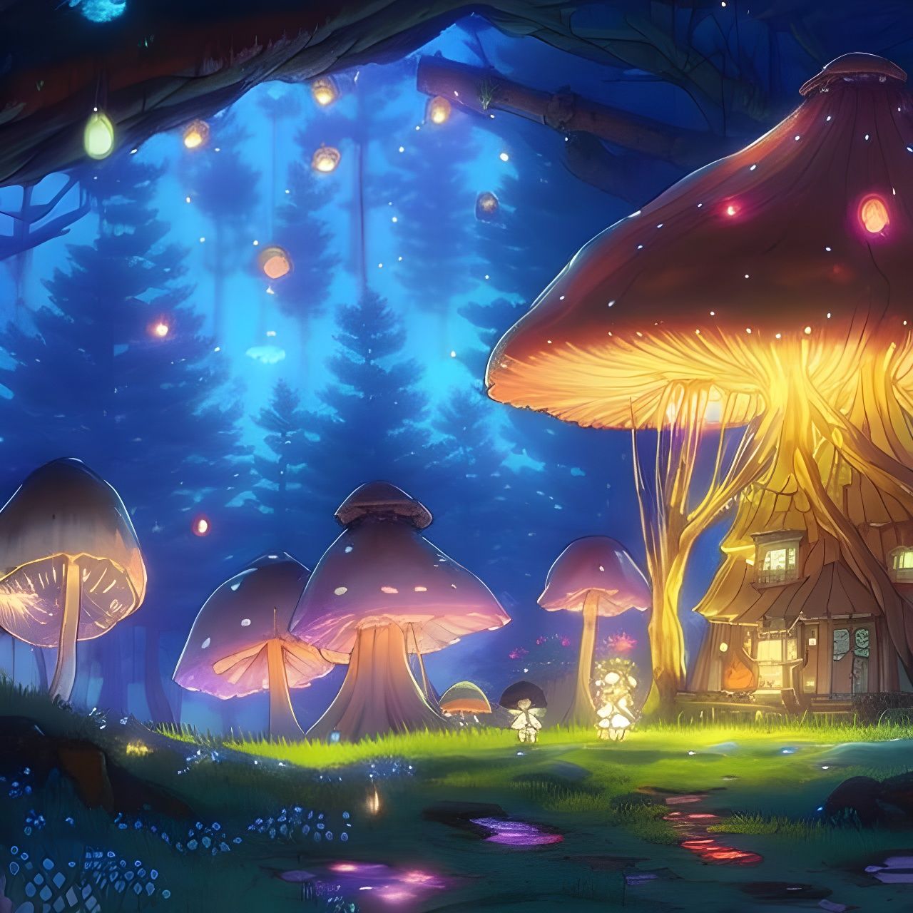 Enchanted Mushroom Cottage in Anime Forest Landscape