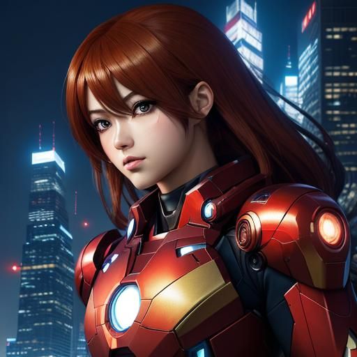 Iron Man Girl in Anime Style Cityscape