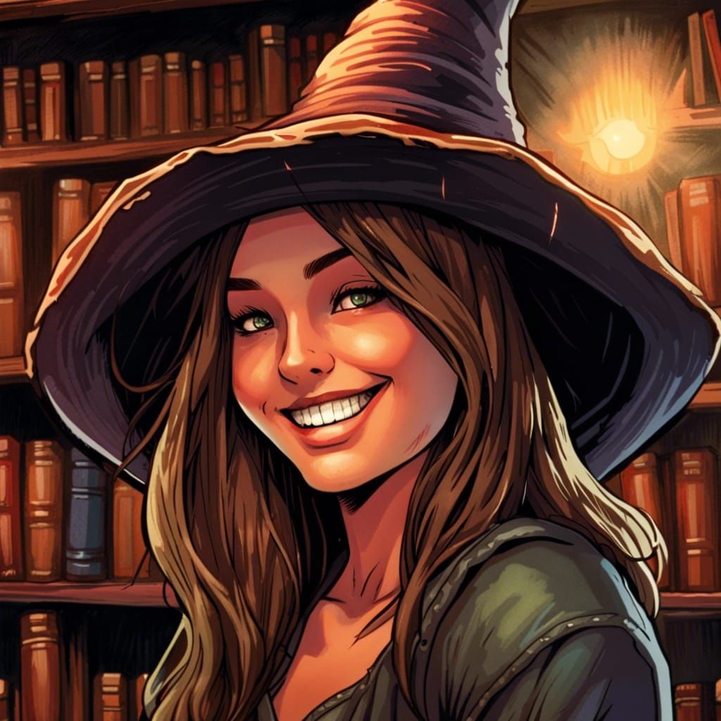 Smiling Witch in Library: Comic Book Art