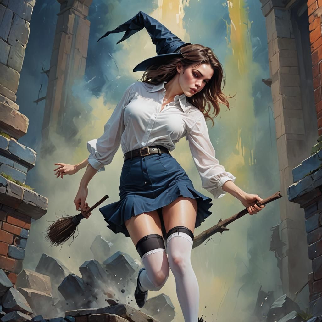 Woman in Miniskirt on Steps: Hyperrealistic Splash Art