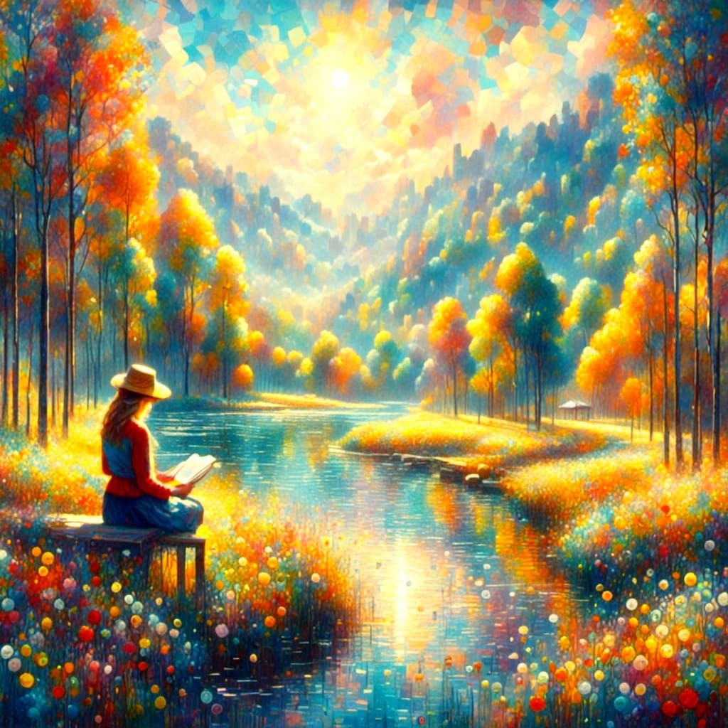 Girl Reading by River in Surreal Romanticism Style