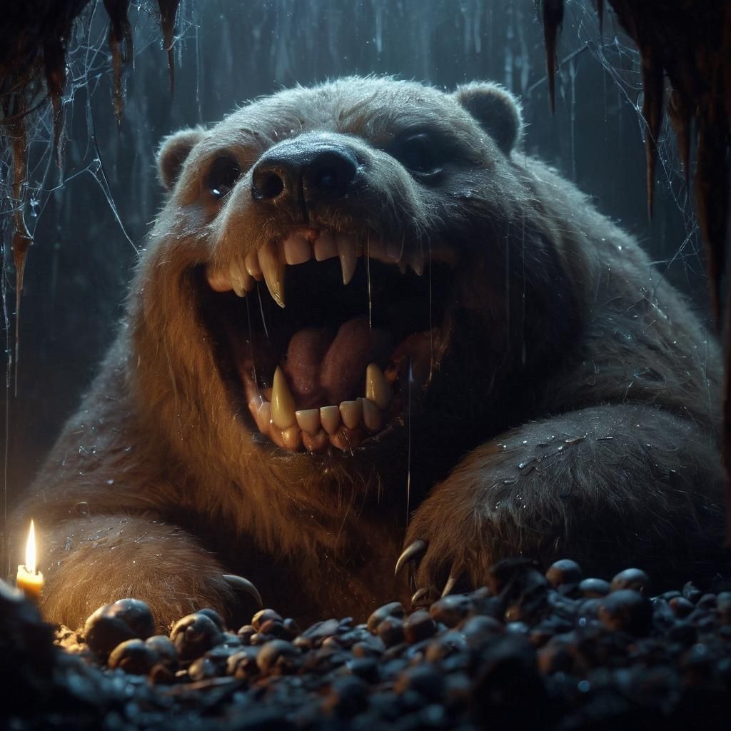 Excited Kodiak Bear in Dark Cave Microphotograph