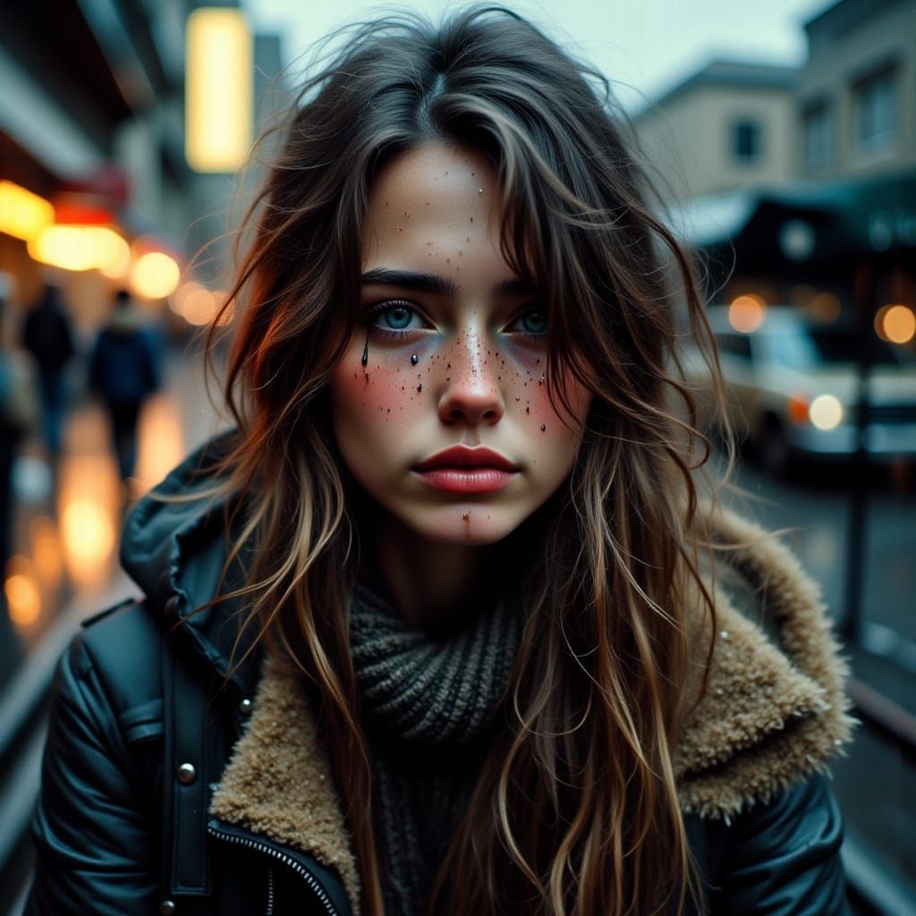 Grieving Student in Rainy Cityscape, Don Macana Style