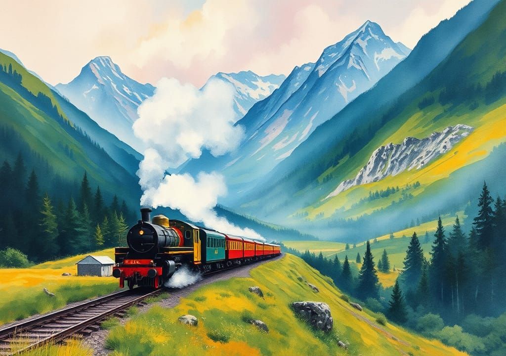 Steam Train Through Valley in Impressionistic Watercolor