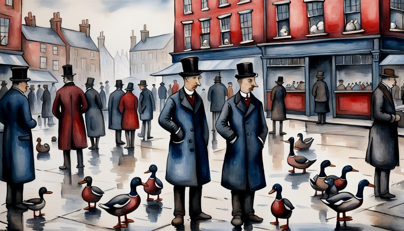 Edwardian Duck Market in Somber Watercolor Style