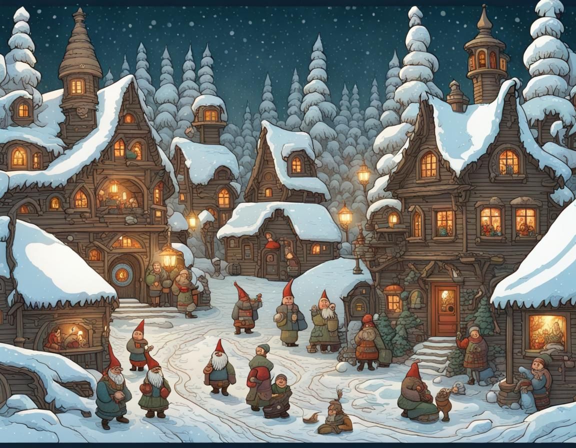 Gnome Winter Village in Fairytale Illustration Style