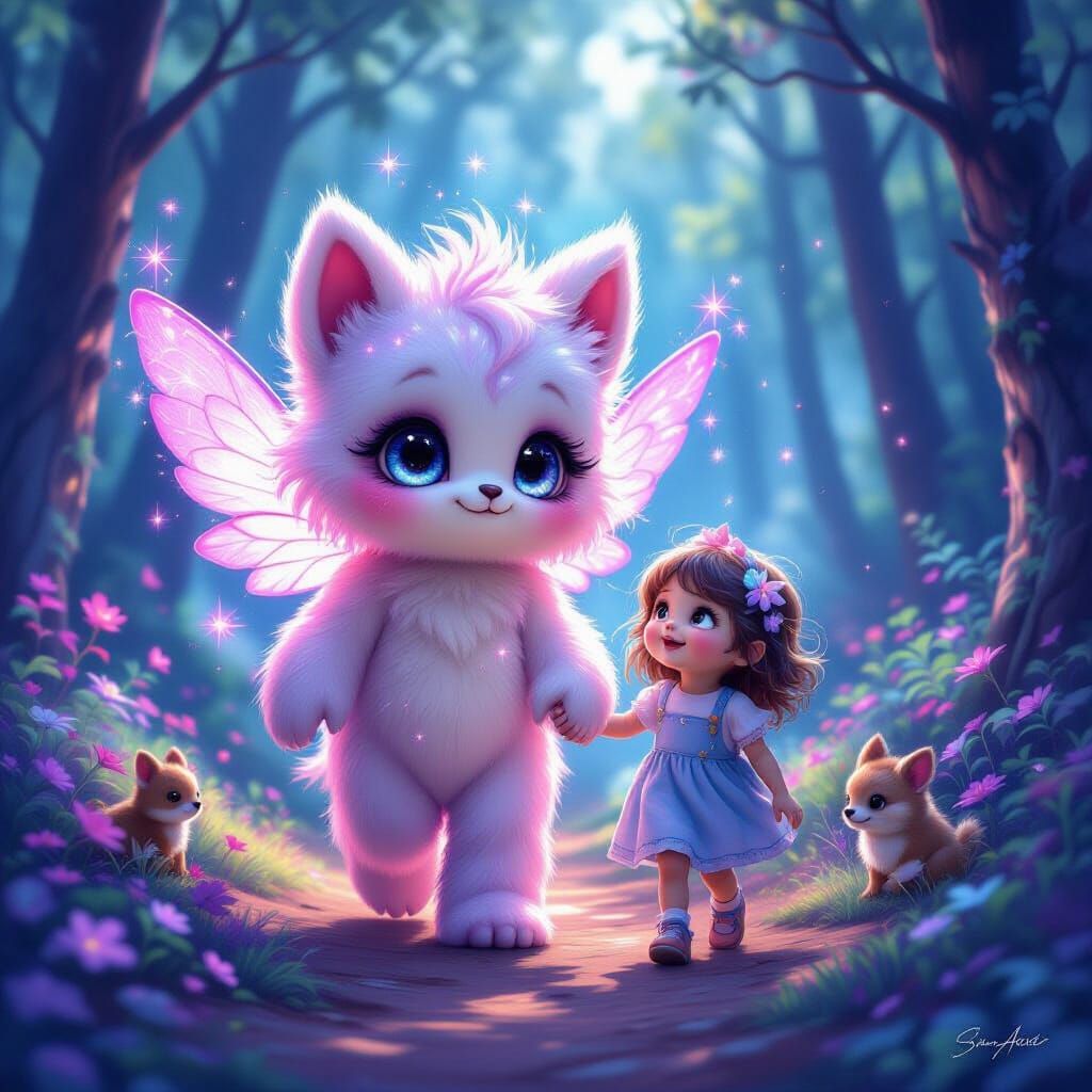 Magical Creature and Child in Enchanted Forest