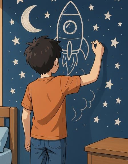 Dreamy Animation of Rocket Drawing in Bedroom