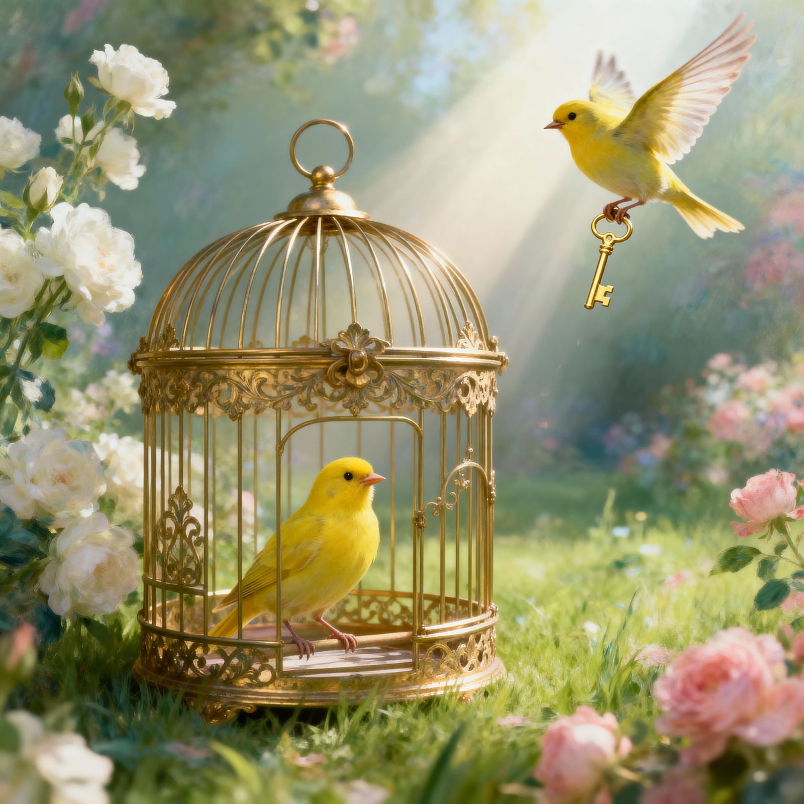Yellow Canary in Golden Cage with Key, Ethereal Concept