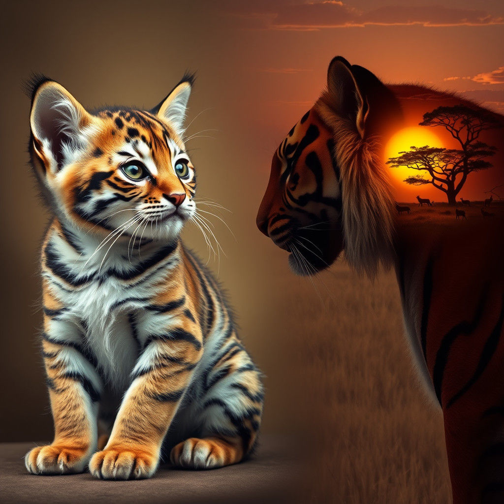 Kitten and Tiger Portrait with Serengeti Sunset