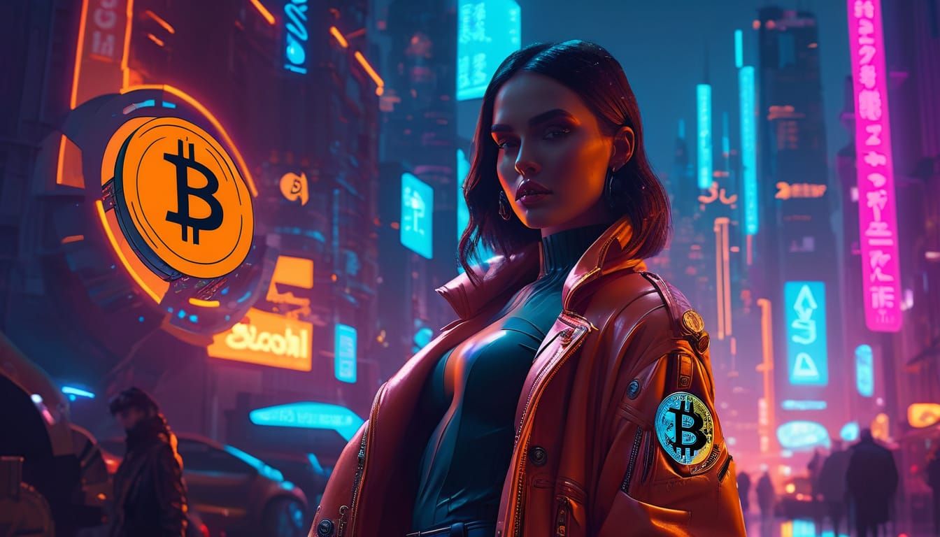 Fashion Model Embraces Bitcoin in Cyberpunk Cityscape