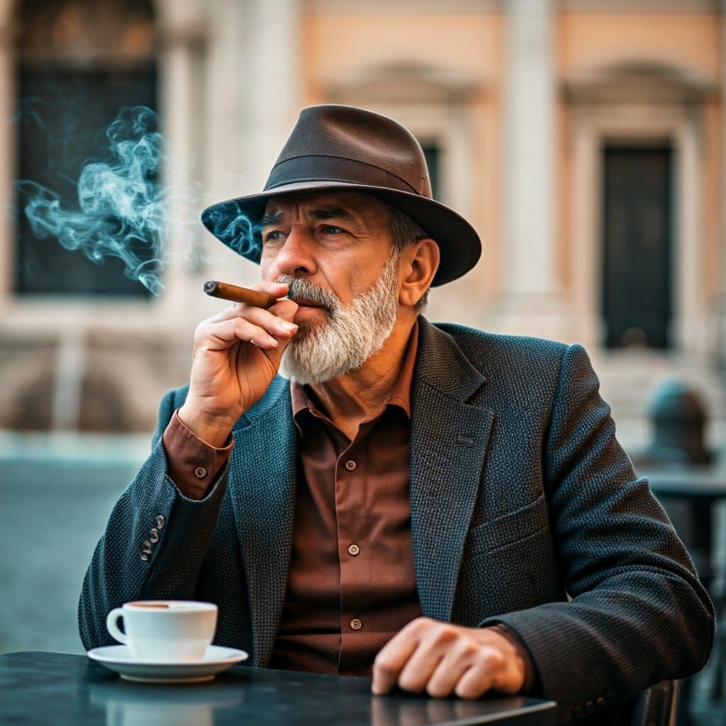 Elegant Gentleman Sits in Classic Italian Coffee Shop