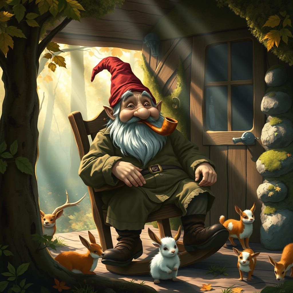 Gnome Living in Mushroom House in Autumn Light