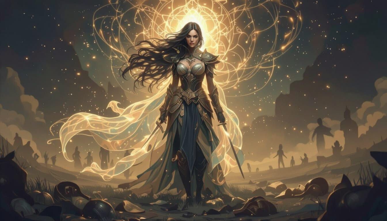 Ethereal Warrior in Mystical Landscape