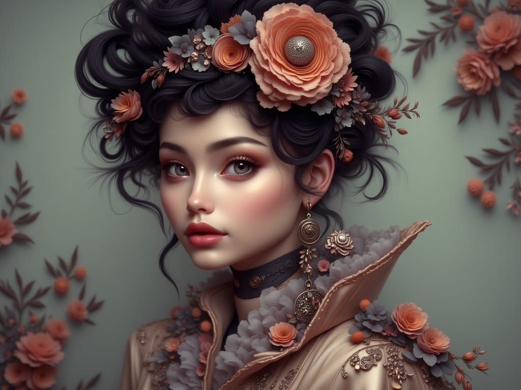 Elegant Portrait with Dynamic Lighting and Art Nouveau Eleme...