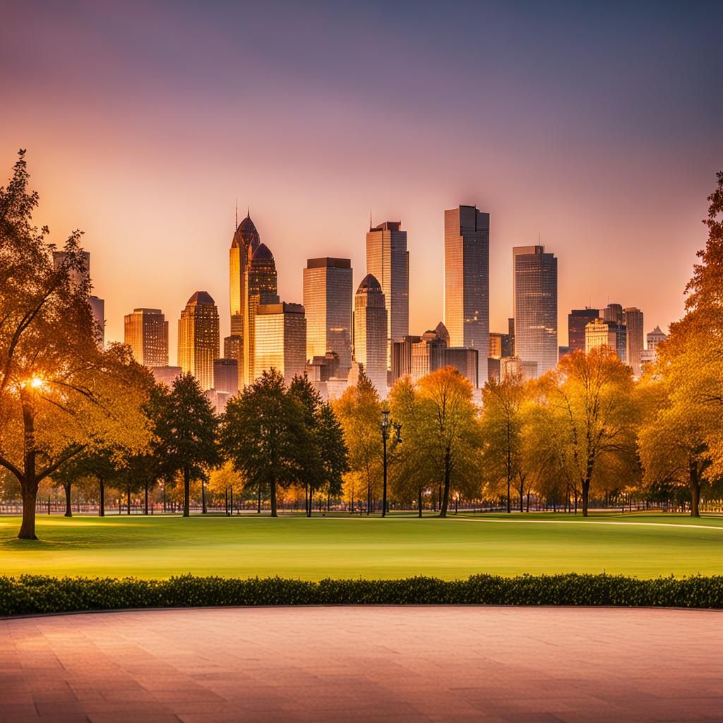 Serene Park Scene with City Skyline at Dusk