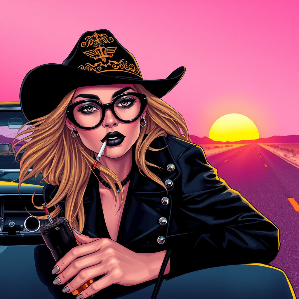 Woman with Charger in Synthwave Sunset