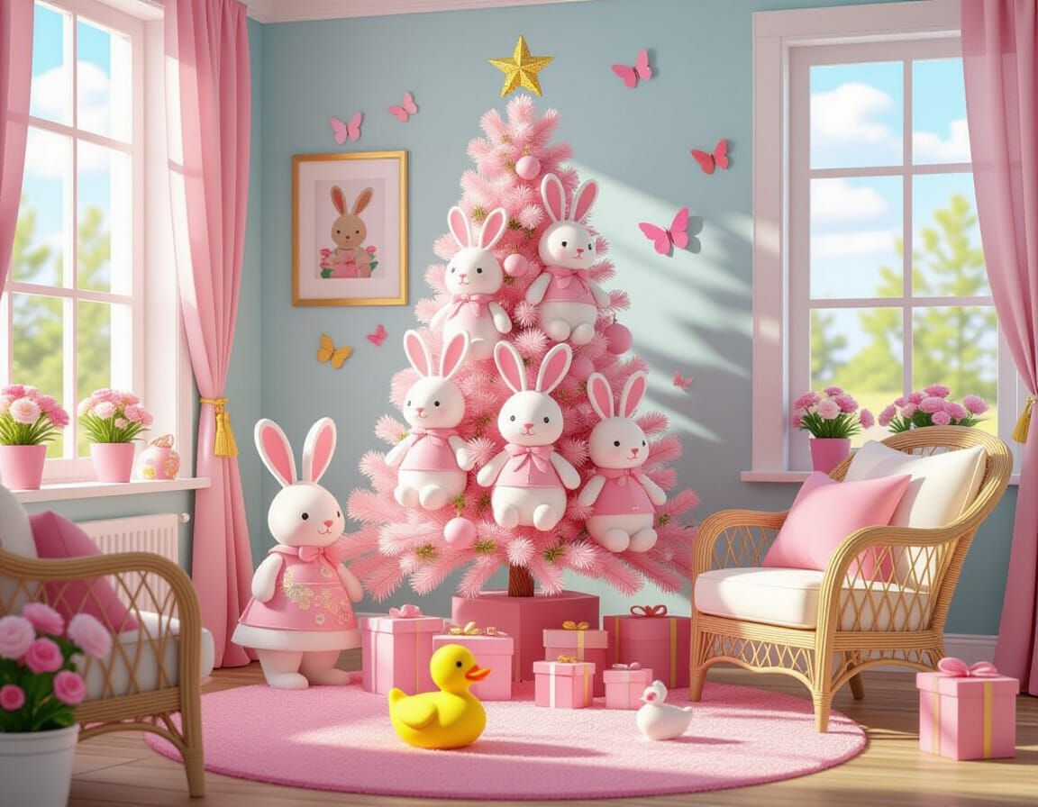 Pink Rabbits in Cozy Living Room, Folk Art Style