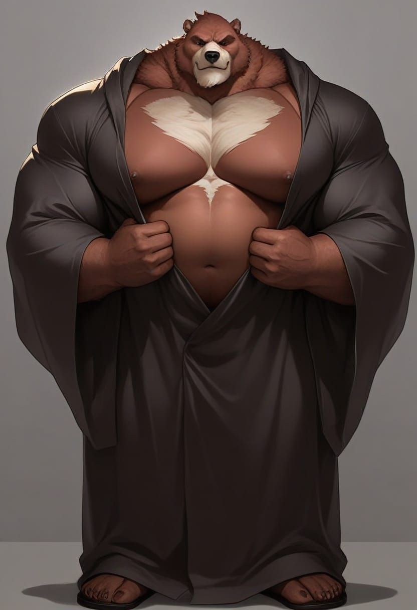 Muscular Red Bear with a Large Belly and Joyful Expression