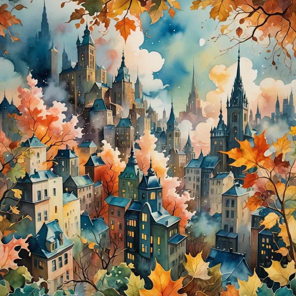 Surreal Cityscape in Expressive Watercolor Style
