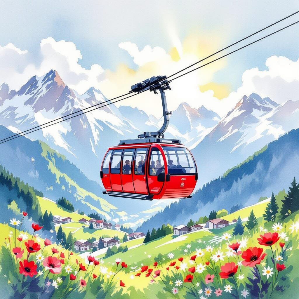 Red Cable Car Over Snowy Alps in Watercolor Style