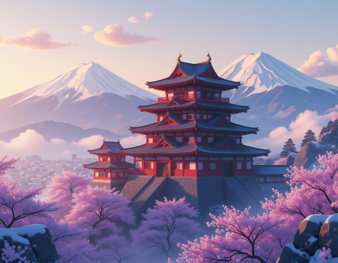 Vermilion Castle at Dawn: Dark Fantasy Concept Art