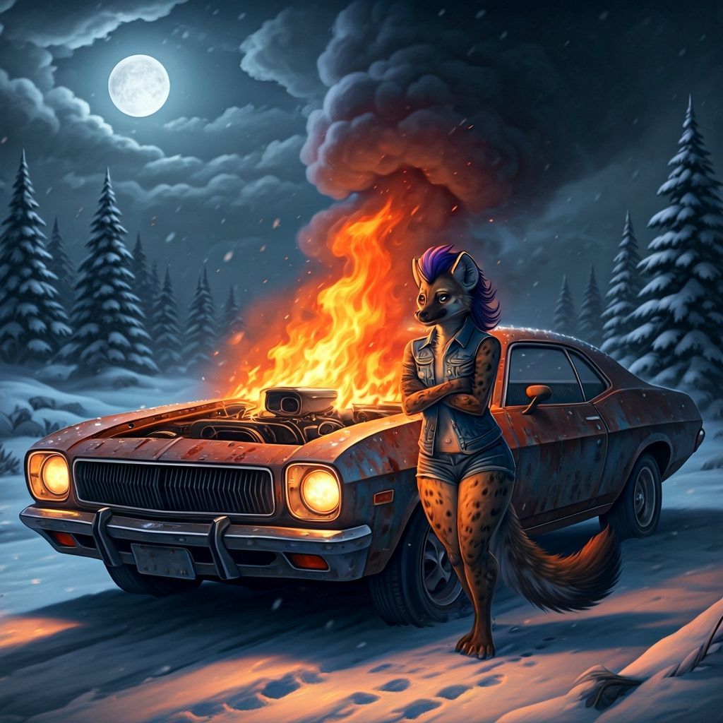 Hyena in Blizzard Beside Burning Muscle Car