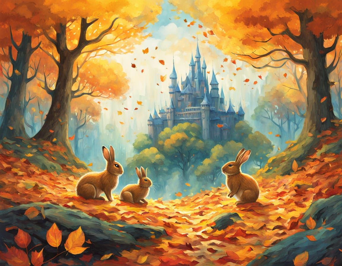Fluffy Bunnies Joyfully Jumping in Autumn Leaves