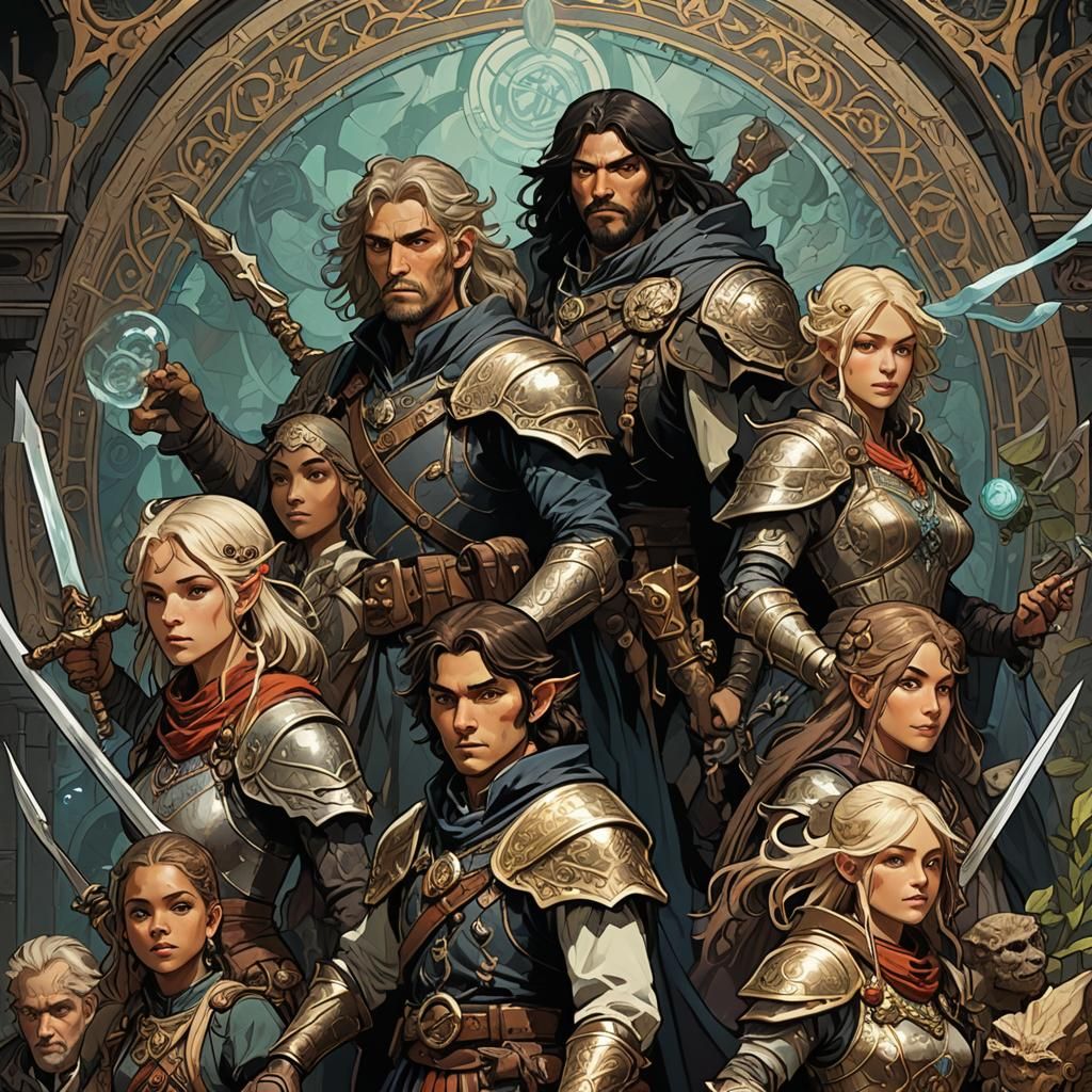 Retro D&D Team in Dark Fantasy Art Nouveau Style