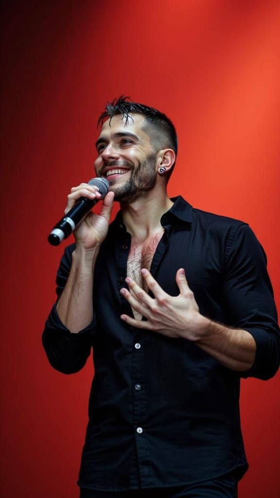 Singer Performs Onstage Under Red Stage Lights