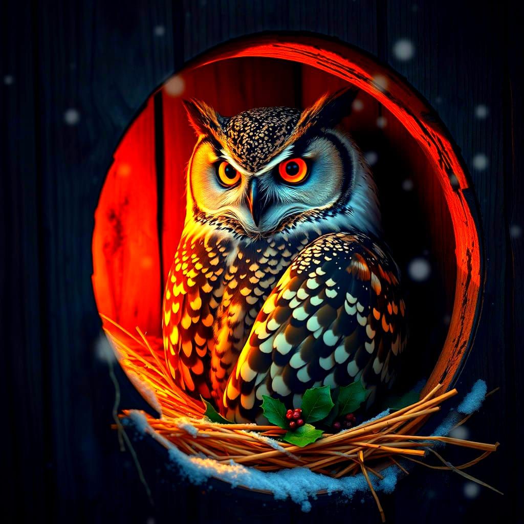 Hyperrealistic Owl Watching Snowfall in Barn