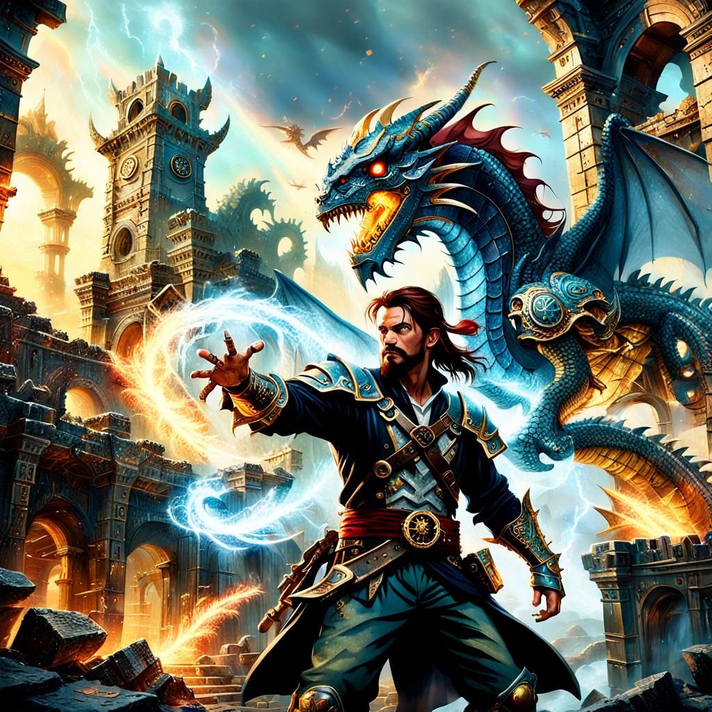 Cyborg Pirate Dragon Battle in Dreamscape Style