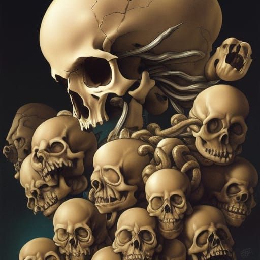Skull Surrounded by Monsters in Visionary Style