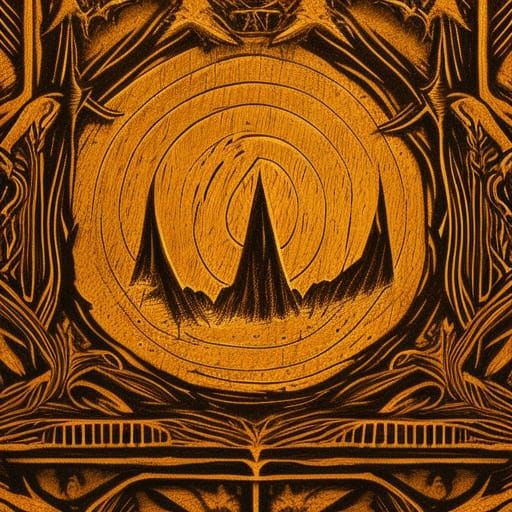 Golden Oak Occult Apparition in Woodcut Style