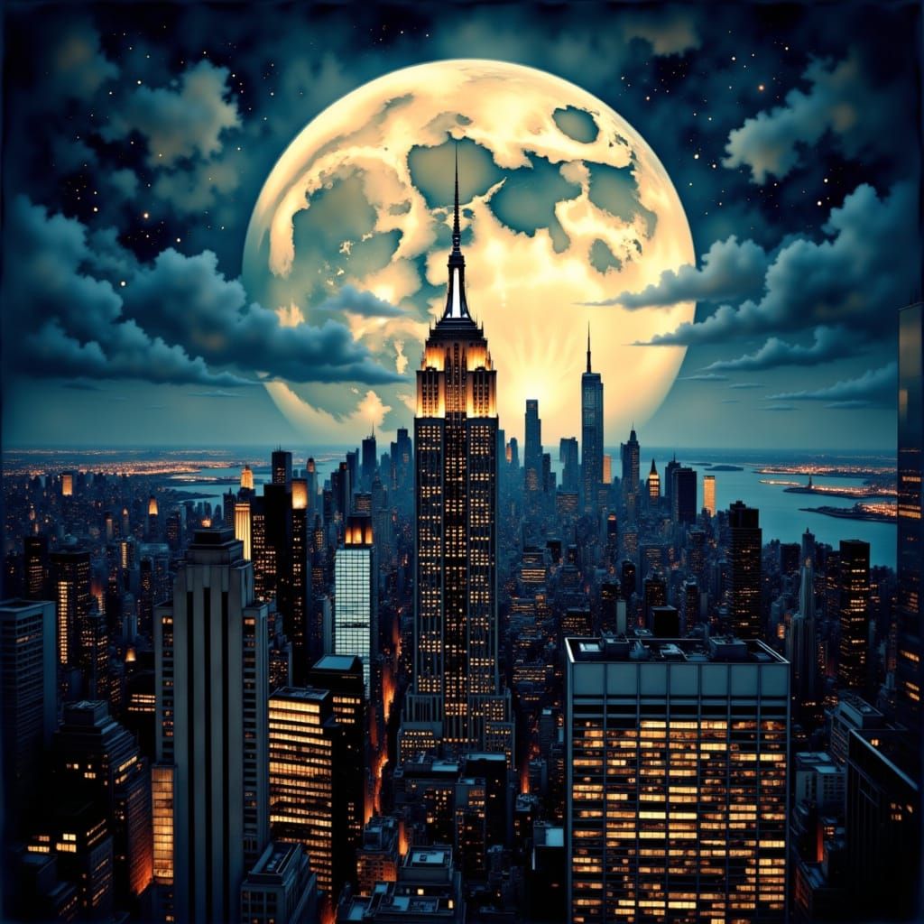 New York Cityscape at Night with Large Moon