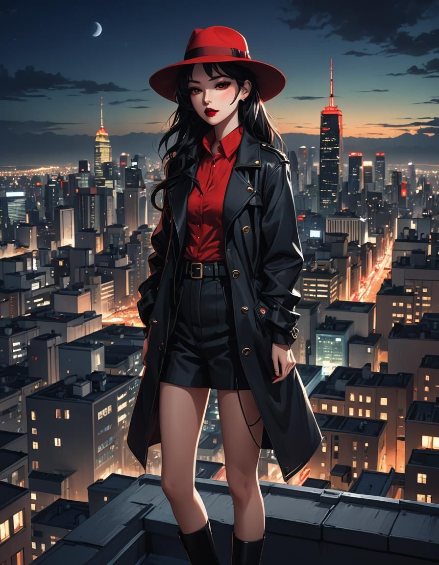Edgy Woman Overlooking Cityscape at Night in Anime Style