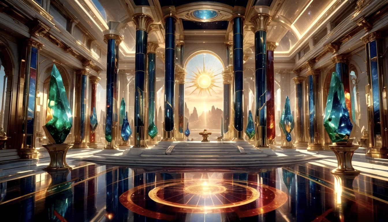 Galactic Council Chambers: Liquid Light and Crystal Pillars