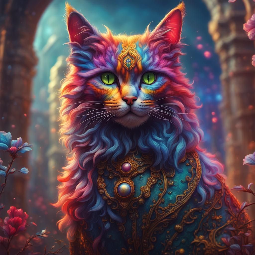 Colorful Cat Matte Painting, Detailed Fantasy Art