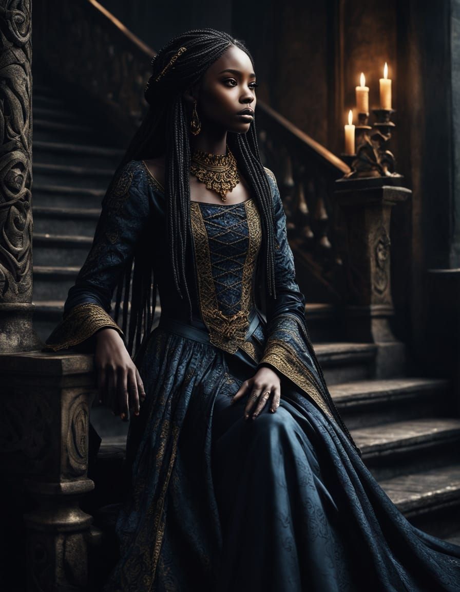 Regal Black Rapunzel Ascends in Dark Fantasy