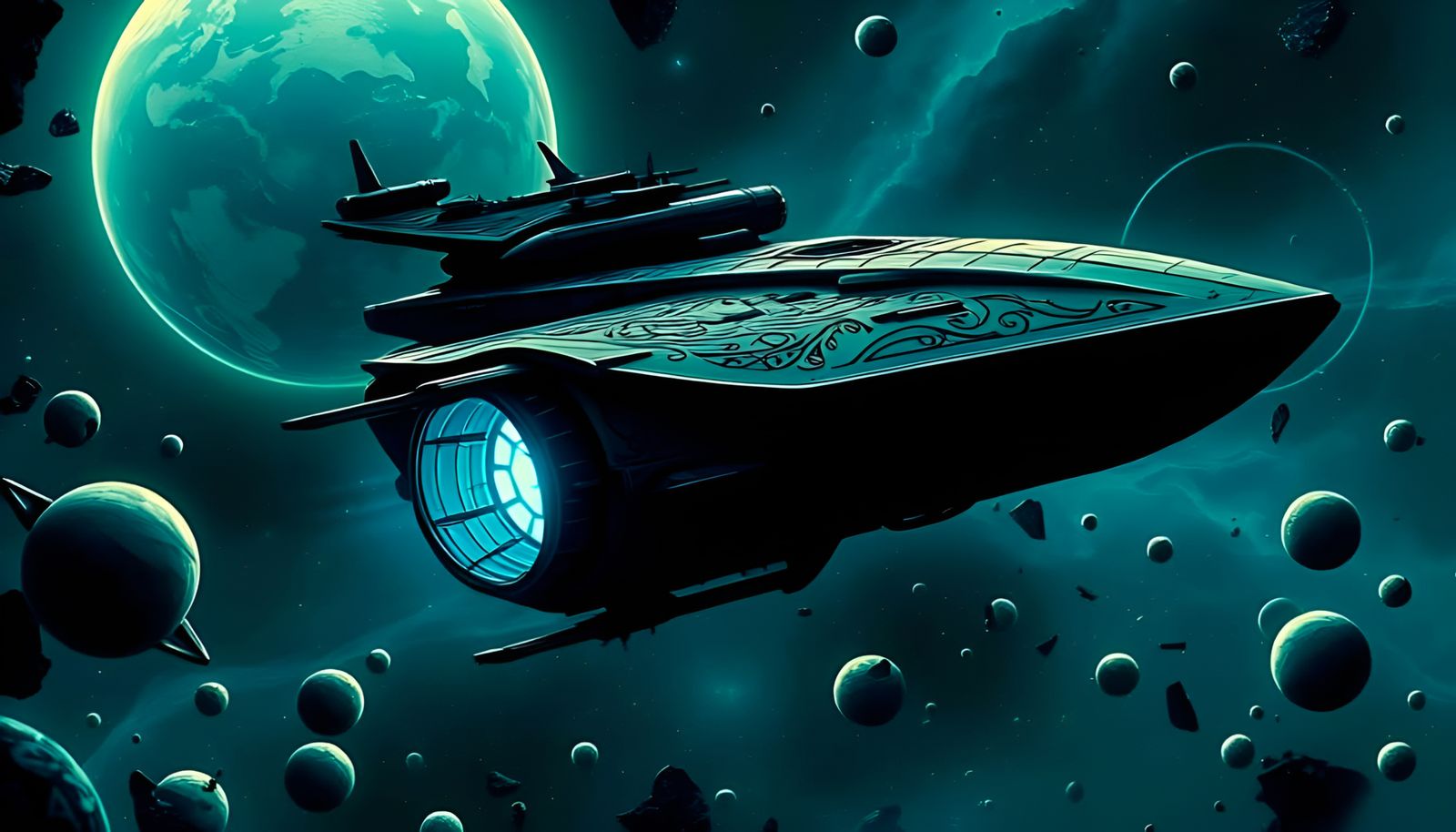 A majestic, spectral spaceship, its hull etched with gothic ...