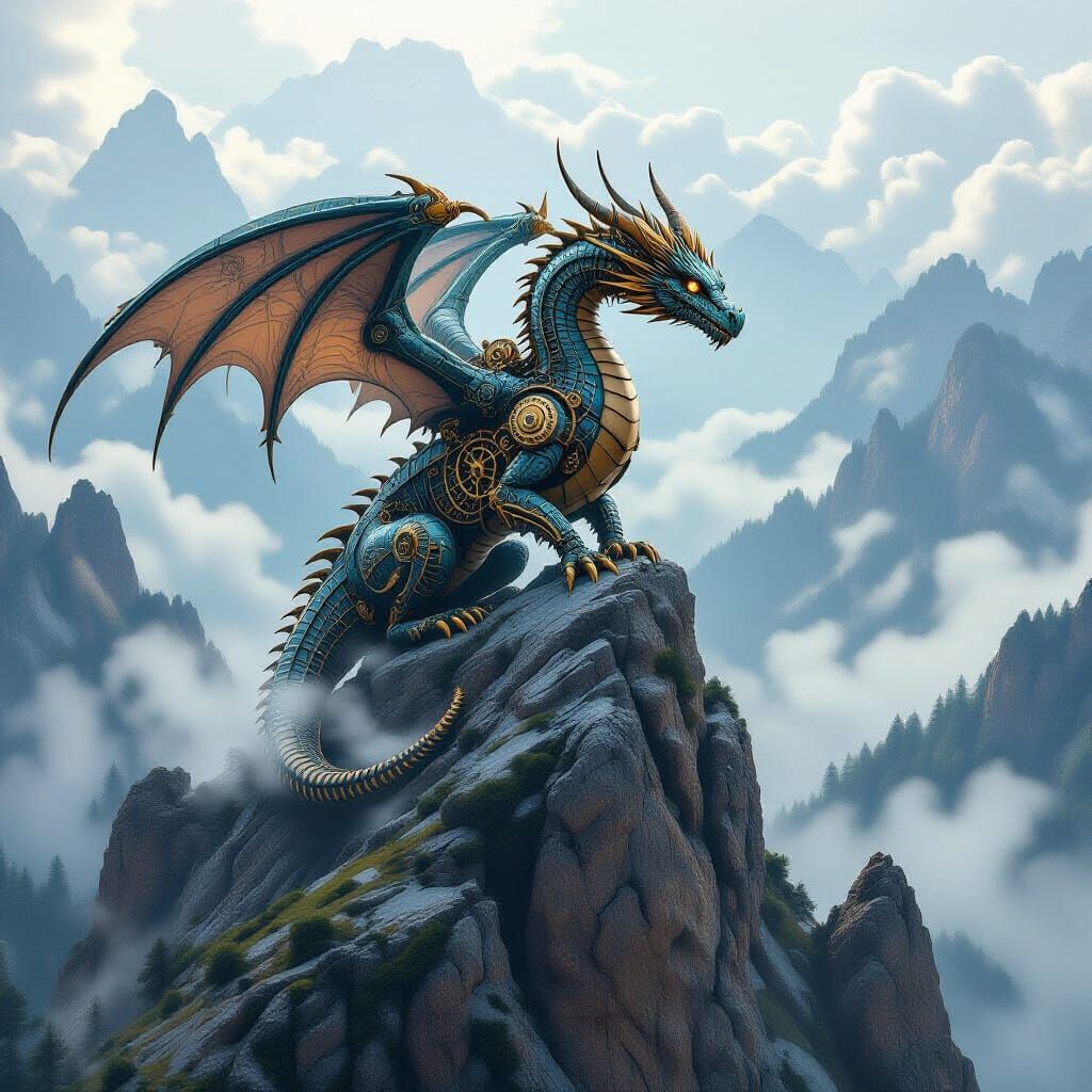 Steampunk Clockwork Dragon on Mountain Peak