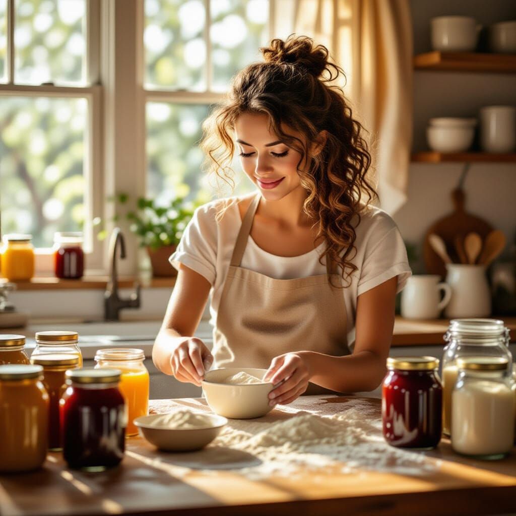 Young Woman Baking in Sunlit Kitchen with Jelly Jars