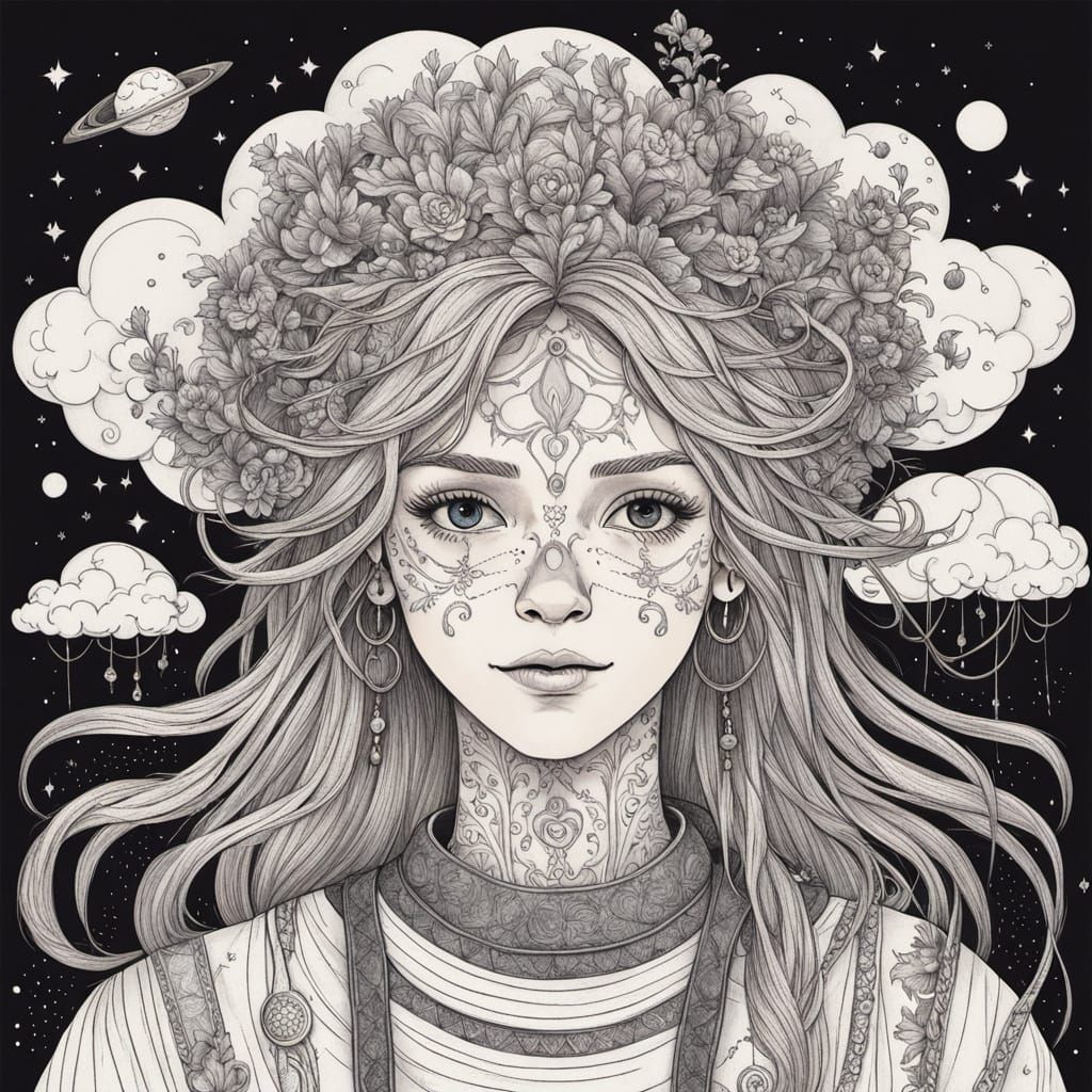 Whimsical Deity Floats Among Clouds, Controlling the Storm