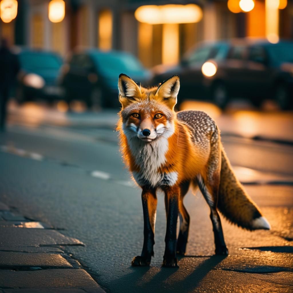 Fox in City Street at Dusk: Wildlife Photography