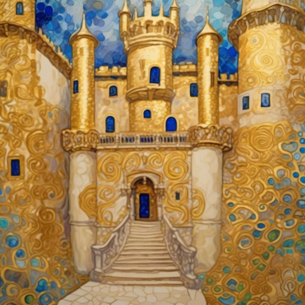 Golden Medieval Castle in Gouache Klimt Style