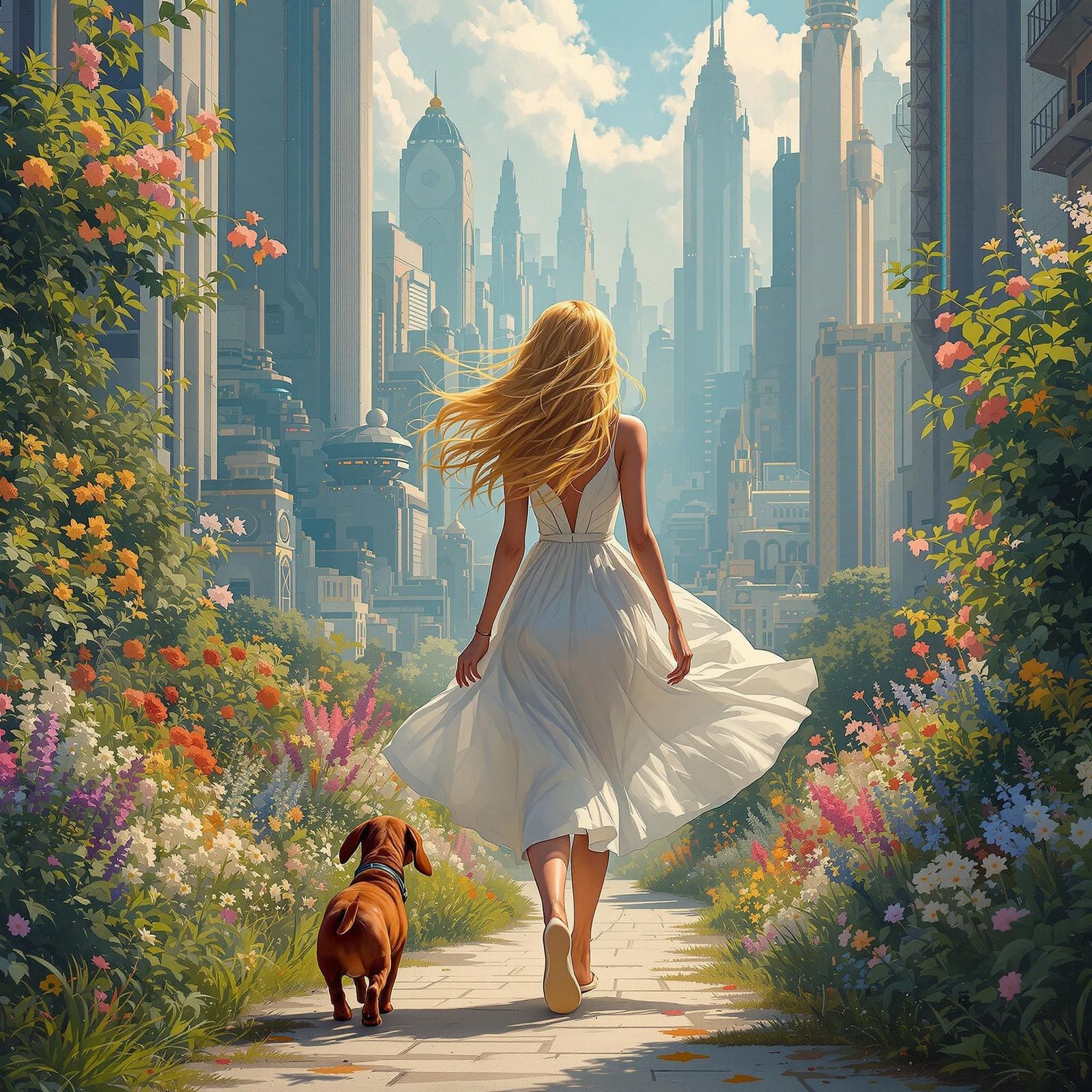 Golden Goddess Strides Through Vibrant Cityscape with Faithf...