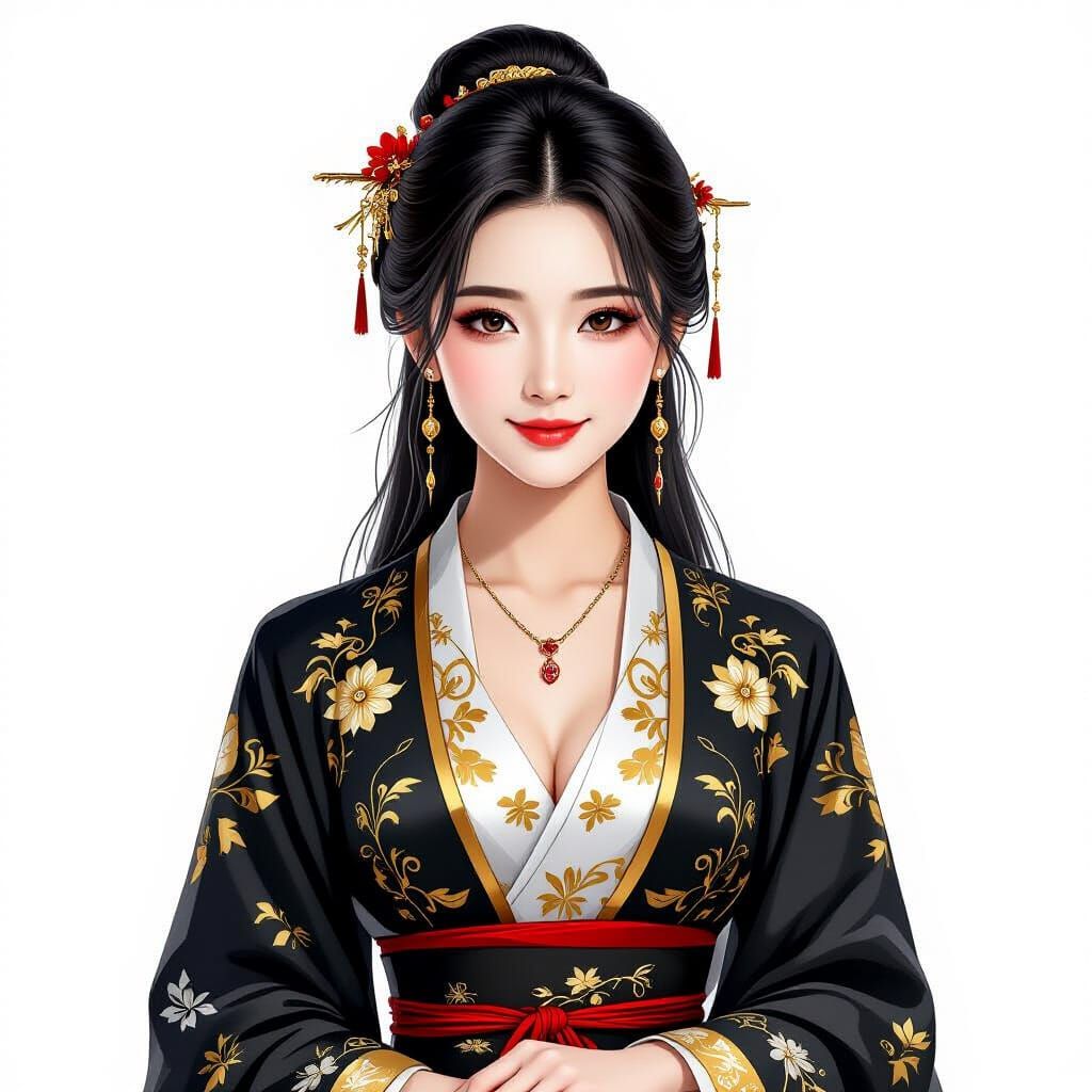 Elegant Asian Woman in Golden Gown, Slight Smile