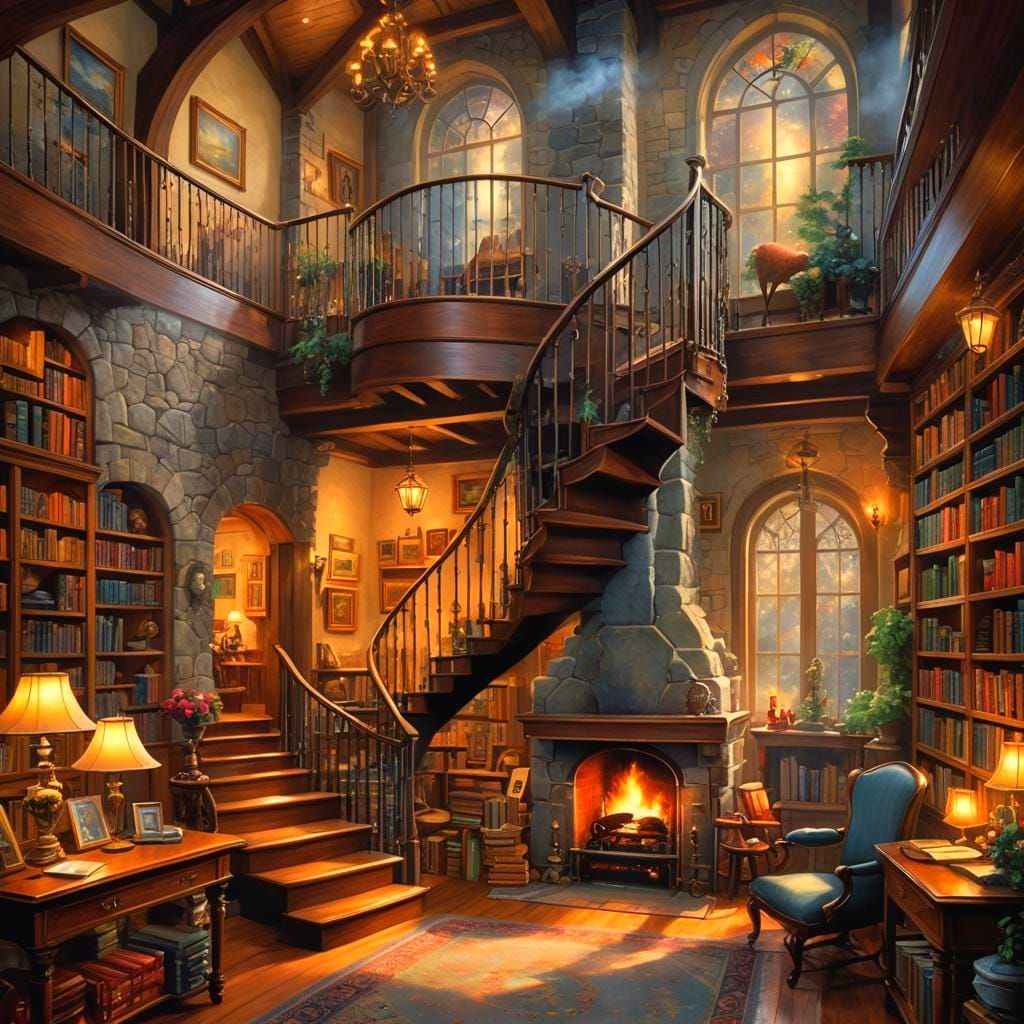 Cozy Study with Fireplace in Kinkade Style